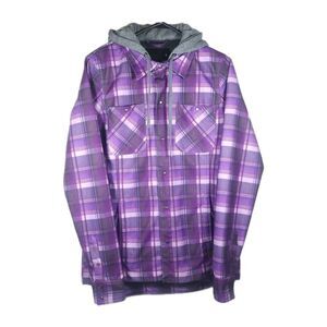 Volcom Women Circle Flannel SZ M Purple Plaid Insulated Hooded Snowboard Jacket